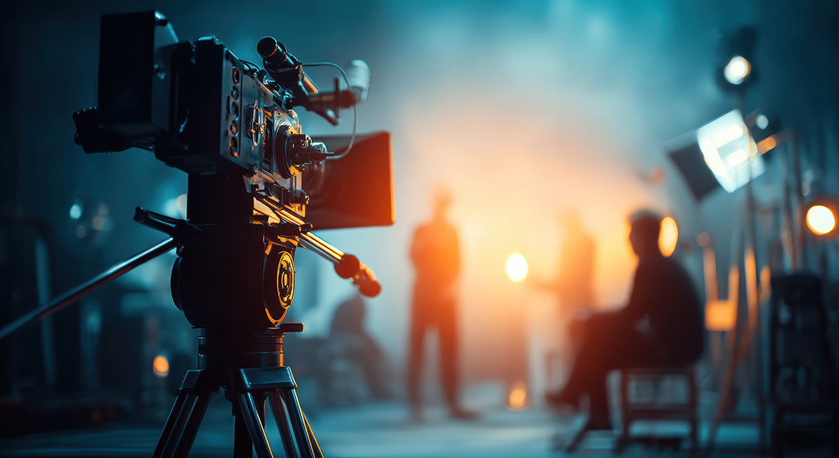 Professional cinema camera on set with dramatic studio lighting