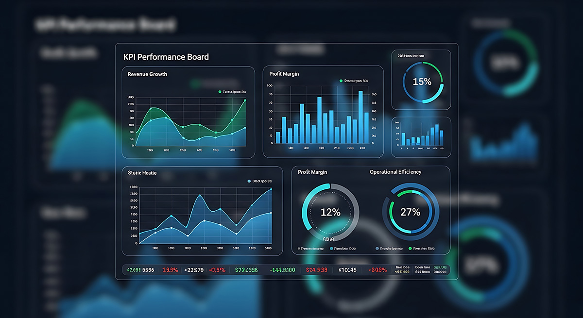 Analytics dashboard with growth metrics displayed on a dark screen