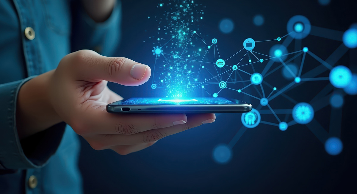 Mobilní aplikace zobrazená na smartphonu na čistém pozadí